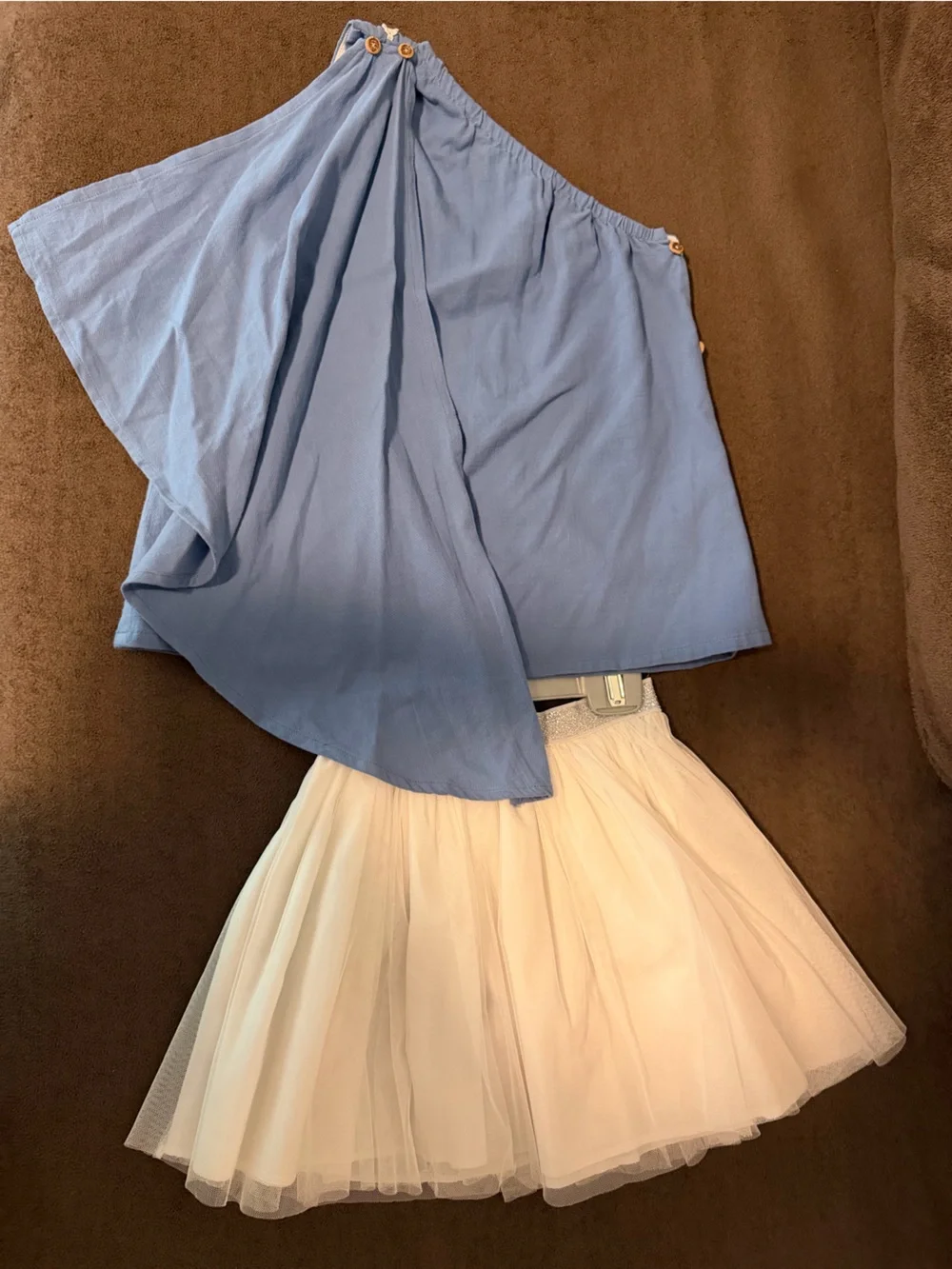 Blue One-Shoulder Top with Cream Tulle Skirt Set - Pink Rose Accents
